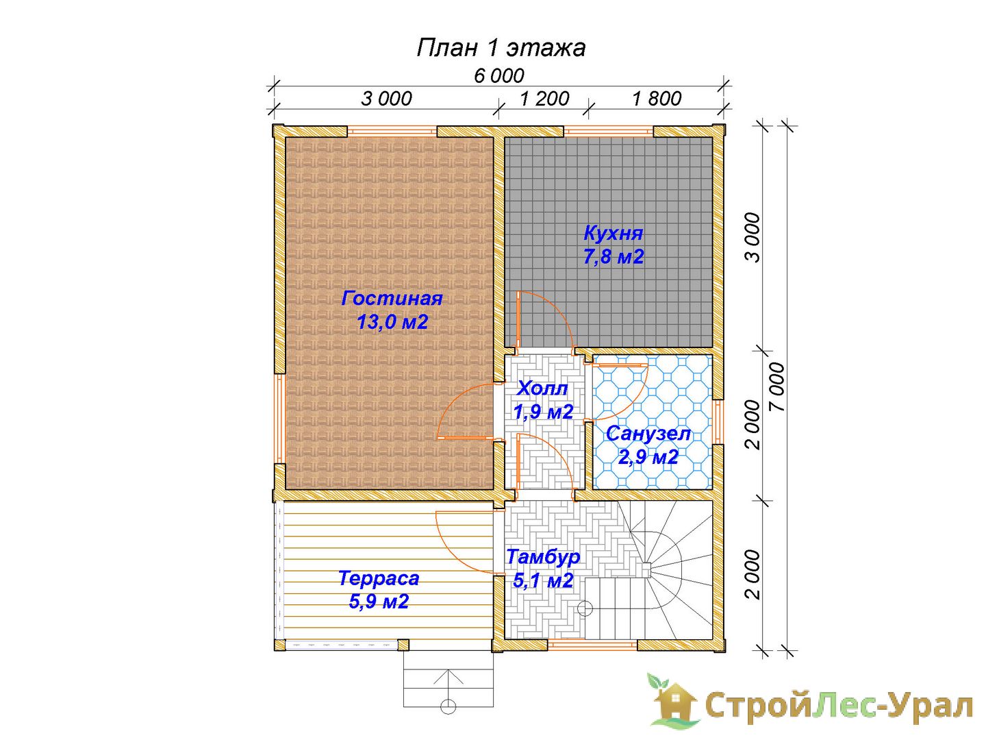 Проект дома ДБ-12 (6х7м), площадью 64м² из бруса 150х150мм